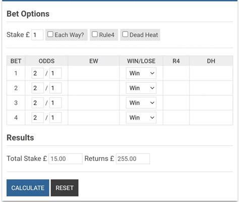 free bet calculator lucky 15.